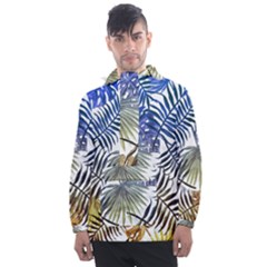 Blue And Yellow Tropical Leaves Men s Front Pocket Pullover Windbreaker by goljakoff