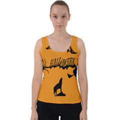 Happy Halloween Scary Funny Spooky Logo Witch On Broom Broomstick Spider Wolf Bat Black 8888 Black A Velvet Tank Top by HalloweenParty