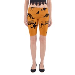 Happy Halloween Scary Funny Spooky Logo Witch On Broom Broomstick Spider Wolf Bat Black 8888 Black A Yoga Cropped Leggings by HalloweenParty