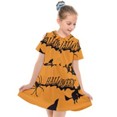 Happy Halloween Scary Funny Spooky Logo Witch On Broom Broomstick Spider Wolf Bat Black 8888 Black A Kids  Short Sleeve Shirt Dress by HalloweenParty