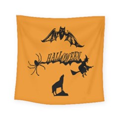 Happy Halloween Scary Funny Spooky Logo Witch On Broom Broomstick Spider Wolf Bat Black 8888 Black A Square Tapestry (small) by HalloweenParty