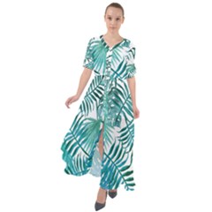 Blue Tropical Leaves Waist Tie Boho Maxi Dress by goljakoff