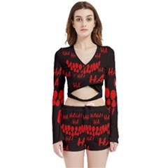 Demonic Laugh, Spooky Red Teeth Monster In Dark, Horror Theme Velvet Wrap Crop Top And Shorts Set by Casemiro