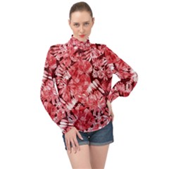 Red Leaves High Neck Long Sleeve Chiffon Top by goljakoff