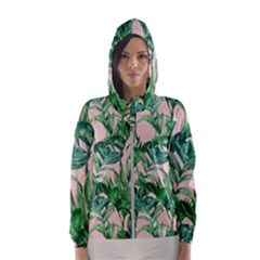 Green Leaves On Pink Women s Hooded Windbreaker by goljakoff