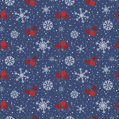 Red Berries And Snowflakes On A Blue Background  by FloraaplusDesign