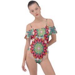 Red Green Floral Pattern Frill Detail One Piece Swimsuit by designsbymallika