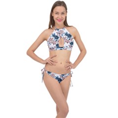 Blue And Rose Flowers Cross Front Halter Bikini Set by goljakoff