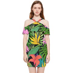Tropical Greens Leaves Shoulder Frill Bodycon Summer Dress
