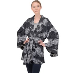 Black And White Cracked Abstract Texture Print Long Sleeve Velvet Kimono  by dflcprintsclothing
