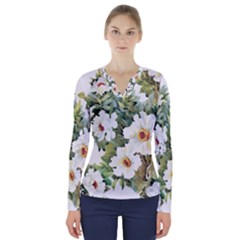 White Flowers V-neck Long Sleeve Top by goljakoff
