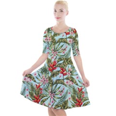 Tropical Flowers Quarter Sleeve A-line Dress by goljakoff