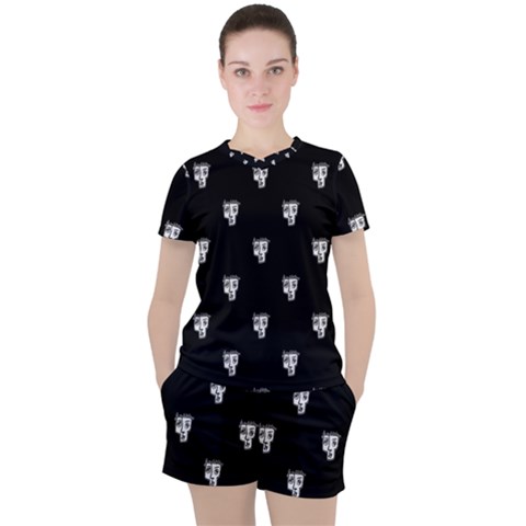 Man Head Caricature Drawing Pattern Women s Tee And Shorts Set by dflcprintsclothing