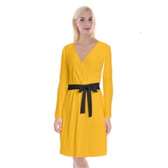Chinese Yellow - Long Sleeve Velvet Front Wrap Dress by FashionLane