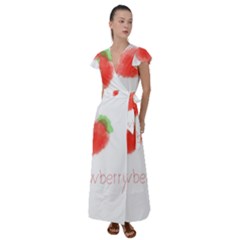 Strawbery Fruit Watercolor Painted Flutter Sleeve Maxi Dress