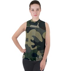 Green Military Camouflage Pattern Mock Neck Chiffon Sleeveless Top by fashionpod