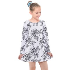 Line Art Black And White Rose Kids  Long Sleeve Dress by MintanArt