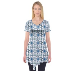 Blue Floral Pattern Short Sleeve Tunic  by MintanArt