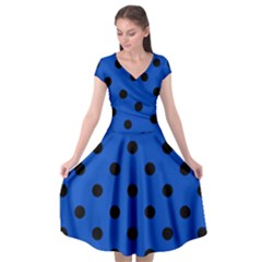 Large Black Polka Dots On Absolute Zero Blue - Cap Sleeve Wrap Front Dress by FashionLane