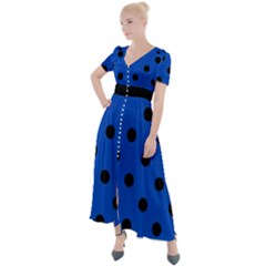 Large Black Polka Dots On Absolute Zero Blue - Button Up Short Sleeve Maxi Dress by FashionLane