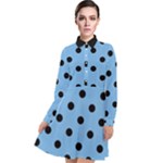 Large Black Polka Dots On Aero Blue - Long Sleeve Chiffon Shirt Dress