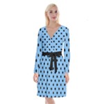 Large Black Polka Dots On Aero Blue - Long Sleeve Velvet Front Wrap Dress