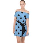 Large Black Polka Dots On Aero Blue - Off Shoulder Chiffon Dress