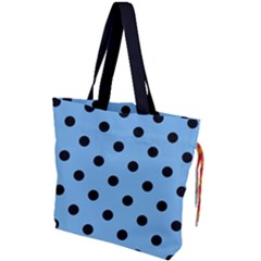 Large Black Polka Dots On Aero Blue - Drawstring Tote Bag by FashionLane