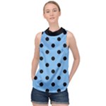 Large Black Polka Dots On Aero Blue - High Neck Satin Top