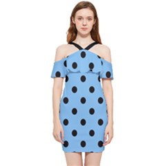 Large Black Polka Dots On Aero Blue - Shoulder Frill Bodycon Summer Dress by FashionLane