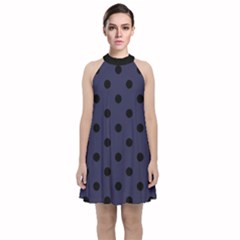 Large Black Polka Dots On Astral Aura - Velvet Halter Neckline Dress  by FashionLane
