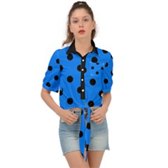 Large Black Polka Dots On Azure Blue - Tie Front Shirt  by FashionLane