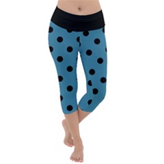 Large Black Polka Dots On Blue Moon - Lightweight Velour Capri Yoga Leggings by FashionLane