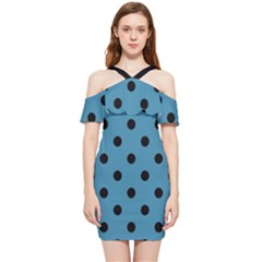Large Black Polka Dots On Blue Moon - Shoulder Frill Bodycon Summer Dress by FashionLane