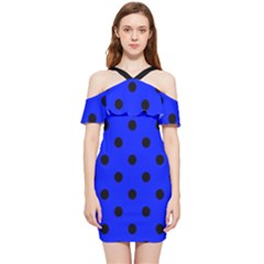 Large Black Polka Dots On Just Blue - Shoulder Frill Bodycon Summer Dress by FashionLane