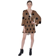 Large Black Polka Dots On Brown Bear - V-neck Flare Sleeve Mini Dress by FashionLane