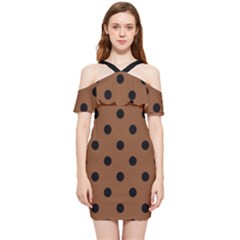Large Black Polka Dots On Caramel Cafe Brown - Shoulder Frill Bodycon Summer Dress by FashionLane