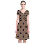 Large Black Polka Dots On Coyote Brown - Short Sleeve Front Wrap Dress