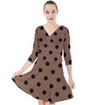 Large Black Polka Dots On Coyote Brown - Quarter Sleeve Front Wrap Dress