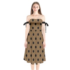 Large Black Polka Dots On Coyote Brown - Shoulder Tie Bardot Midi Dress by FashionLane