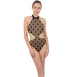 Large Black Polka Dots On Coyote Brown - Halter Side Cut Swimsuit