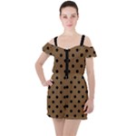 Large Black Polka Dots On Coyote Brown - Ruffle Cut Out Chiffon Playsuit