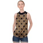 Large Black Polka Dots On Coyote Brown - High Neck Satin Top