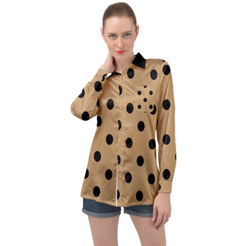 Large Black Polka Dots On Pale Brown - Long Sleeve Satin Shirt by FashionLane