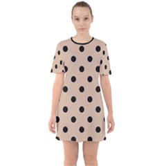 Large Black Polka Dots On Toasted Almond Brown - Sixties Short Sleeve Mini Dress by FashionLane