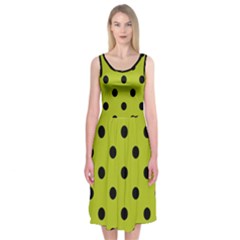 Large Black Polka Dots On Acid Green - Midi Sleeveless Dress by FashionLane