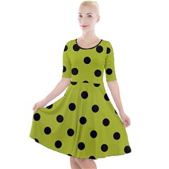 Large Black Polka Dots On Acid Green - Quarter Sleeve A-line Dress by FashionLane