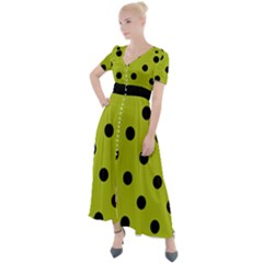 Large Black Polka Dots On Acid Green - Button Up Short Sleeve Maxi Dress by FashionLane
