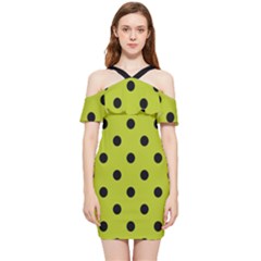 Large Black Polka Dots On Acid Green - Shoulder Frill Bodycon Summer Dress by FashionLane