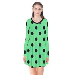Large Black Polka Dots On Algae Green - Long Sleeve V-neck Flare Dress by FashionLane